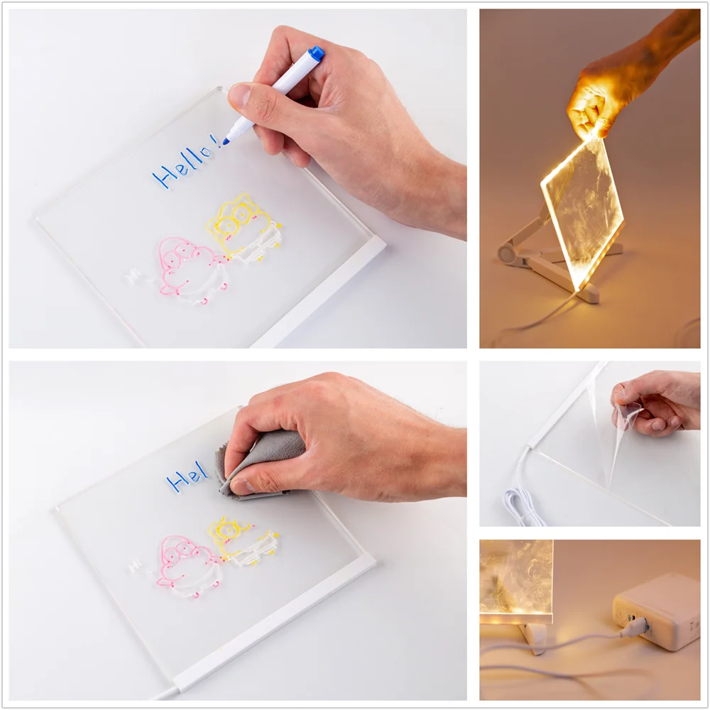 Lámpara de noche con tablero de notas LED, lámpara creativa con bolígrafo, tablero de mensajes USB, luz de vacaciones, lámpara de noche DIY, regalos para amantes de los niños