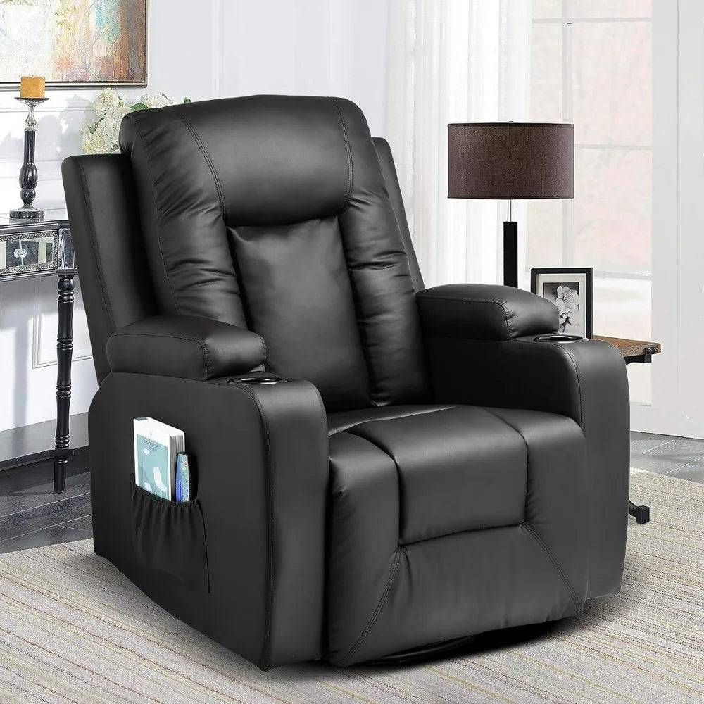 Leather Recliner Chair Rocker with Heated Massage Ergonomic Lounge 360 Degree Swivel Single Sofa Seat Drink Holders Living Room