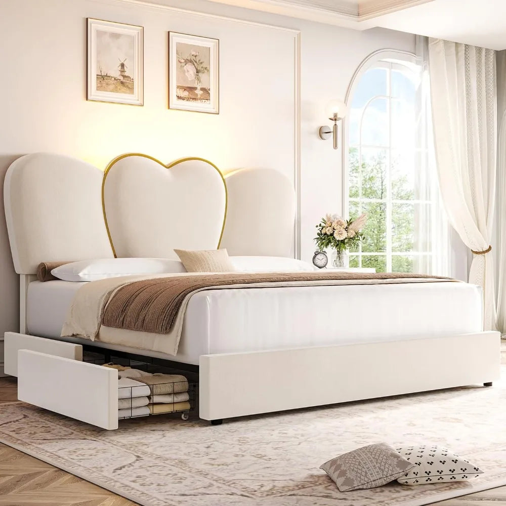 Marco de cama King con LED y 4 cajones de almacenamiento, moderna plataforma tapizada en terciopelo con cabecera alta de 55 pulgadas en forma de corazón, cama beige