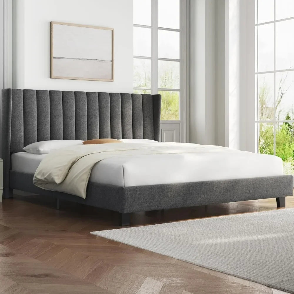 King size bed frame soft cushion platform bed wing edge design/anti slip and noise free/wooden board supportwith fabricheadboard