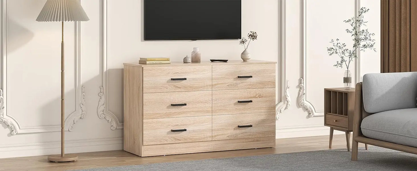 Wood Dresser for Bedroom, 6 Drawer Double Dresser with Metal Handles, 15.8" D x 47.2" W x 27.7" H, Light Oak