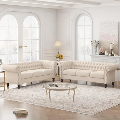 84"W Modern Couch with Deep 3-Seat, Full Handcrafted Button Tufted and Wide Rolled Arms, 3 Seater Sofa in Linen Upholstered