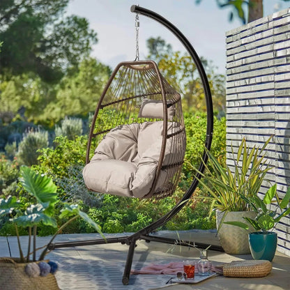 Swing Egg Chair with Stand and UV Resistant Soft Cushions Indoor Outdoor Hanging Chairs Wicker Rattan Patio Hammock Chair