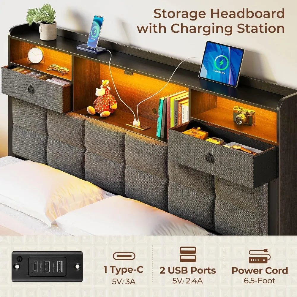 Bed Frame Full Size with Drawers and Charging Station, Upholstered Platform Bed with Storage Headboard and LED Light