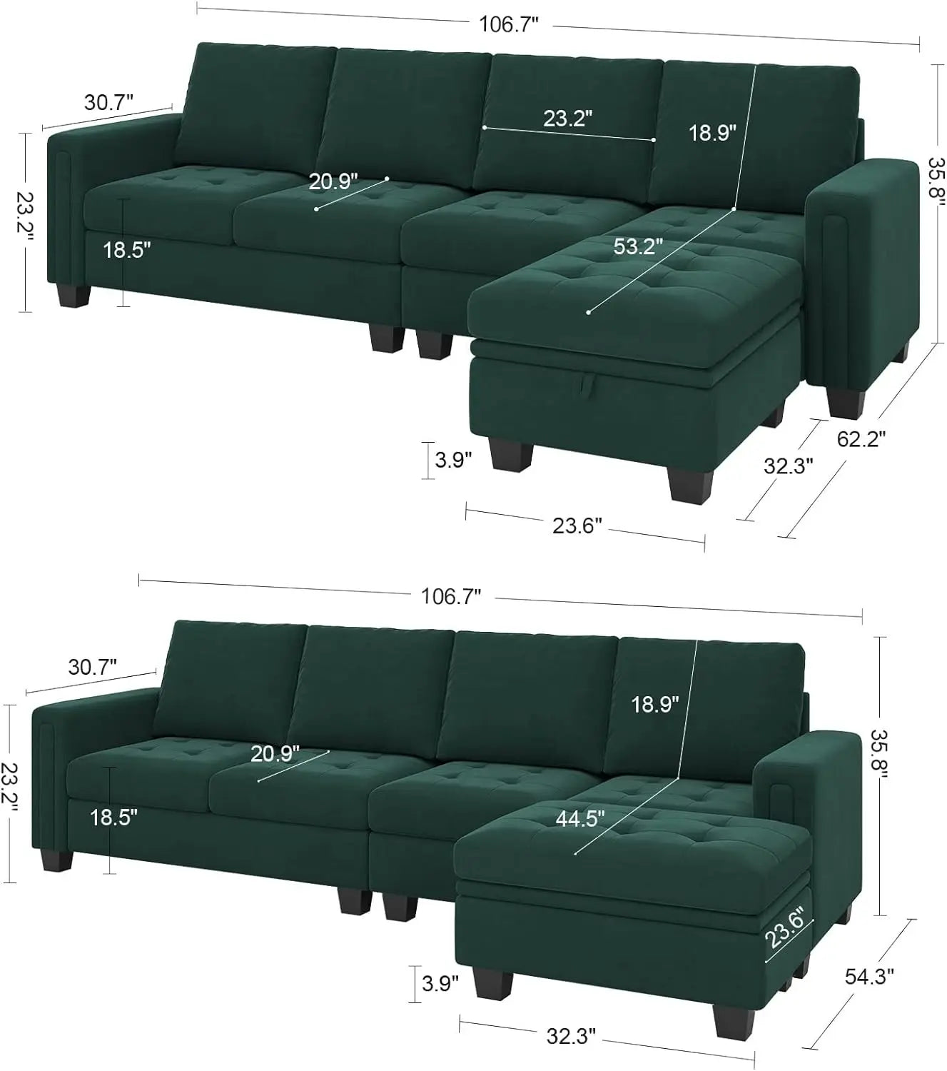 Velvet Reversible Sectional Sofa with Chasie Convertible L Shaped 4-seat Sectional Couch with Storage Ottoman