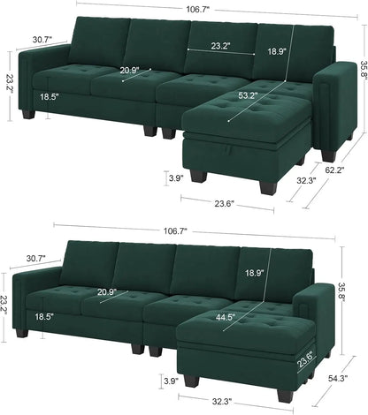 Velvet Reversible Sectional Sofa with Chasie Convertible L Shaped 4-seat Sectional Couch with Storage Ottoman