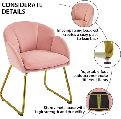 Flower Shape Velvet Armchair, Modern Side Chair Vanity Chair with Golden Metal Legs for Living Room/Dressing Room/Bedroom/Home