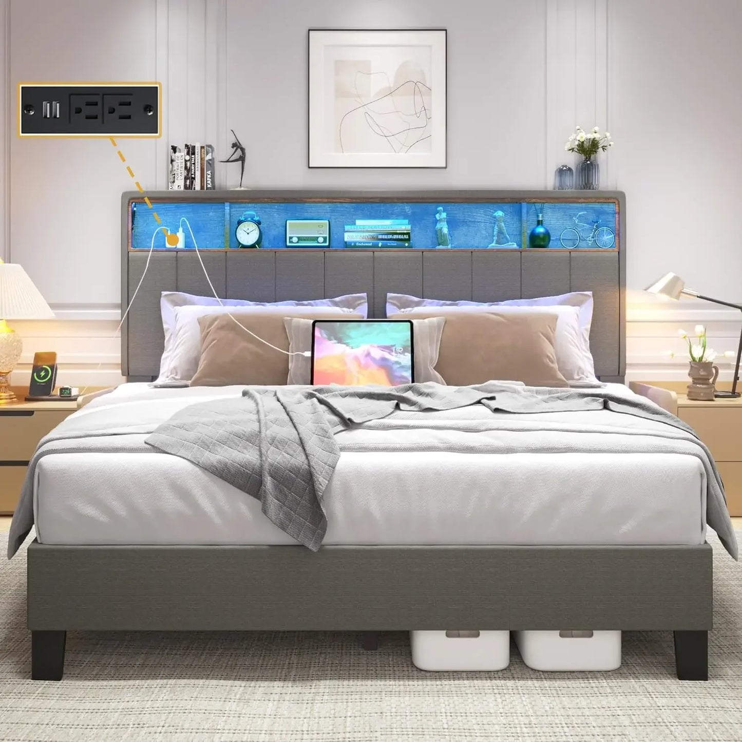 Storage Headboard,Upholstered Queen Bed Frame with Built in Charging Station & LED, Noise-Free/Wood Support/No Box Spring Needed