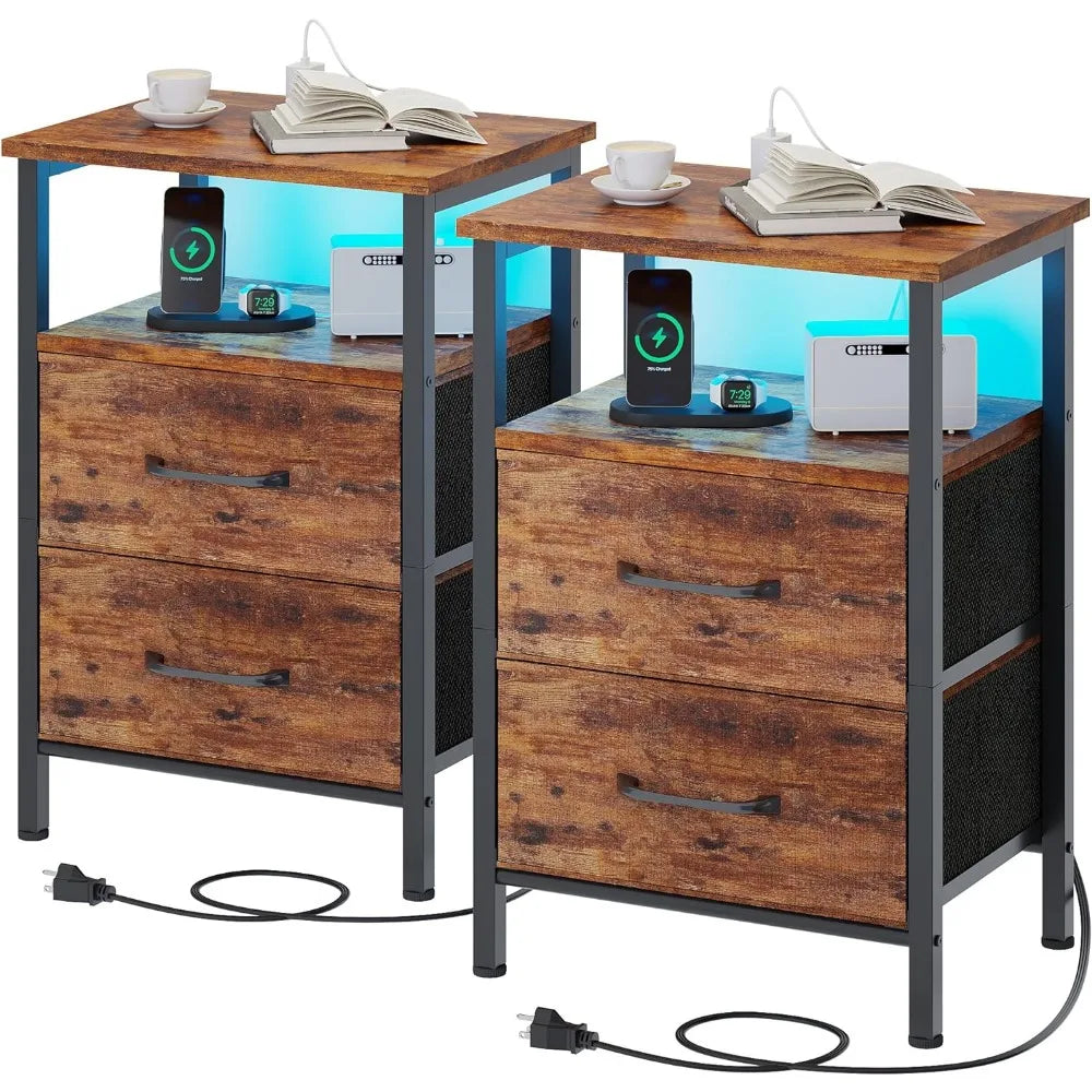 Ensemble de 2 tables de chevet avec lumières LED et station de charge, table de chevet, 2 tiroirs de rangement en tissu, ports USB, prises de courant, marron