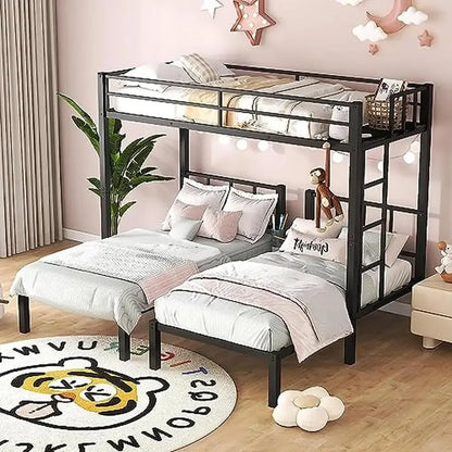 Metal Triple Bunk Beds Kids Teens Space Saver Three Bed Bunk Beds Can Separate into 3 Twin Beds Full-Length Guardrails Sturdy