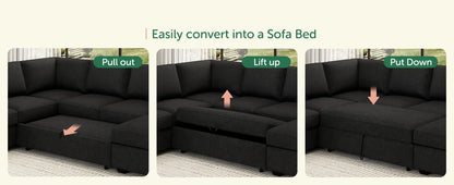 Sofá seccional con chaise longue con espacio de almacenamiento, sofá seccional en forma de U para sala de estar, sofá seccional cama de terciopelo con cama extraíble