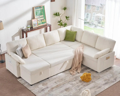 Fashionable Sofa Bed,Oversized U Shaped Couch with Storage Chaise, Pull Out Couch for Living Room, White Boucle Sofa Couch