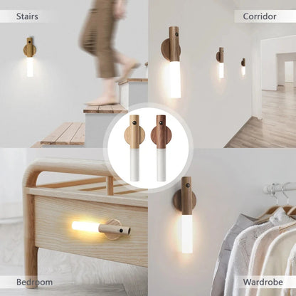 Luz LED recargable con sensor de grano de madera de imitación, luz nocturna, diseño magnético portátil, adecuada para armario, dormitorio, pasillo