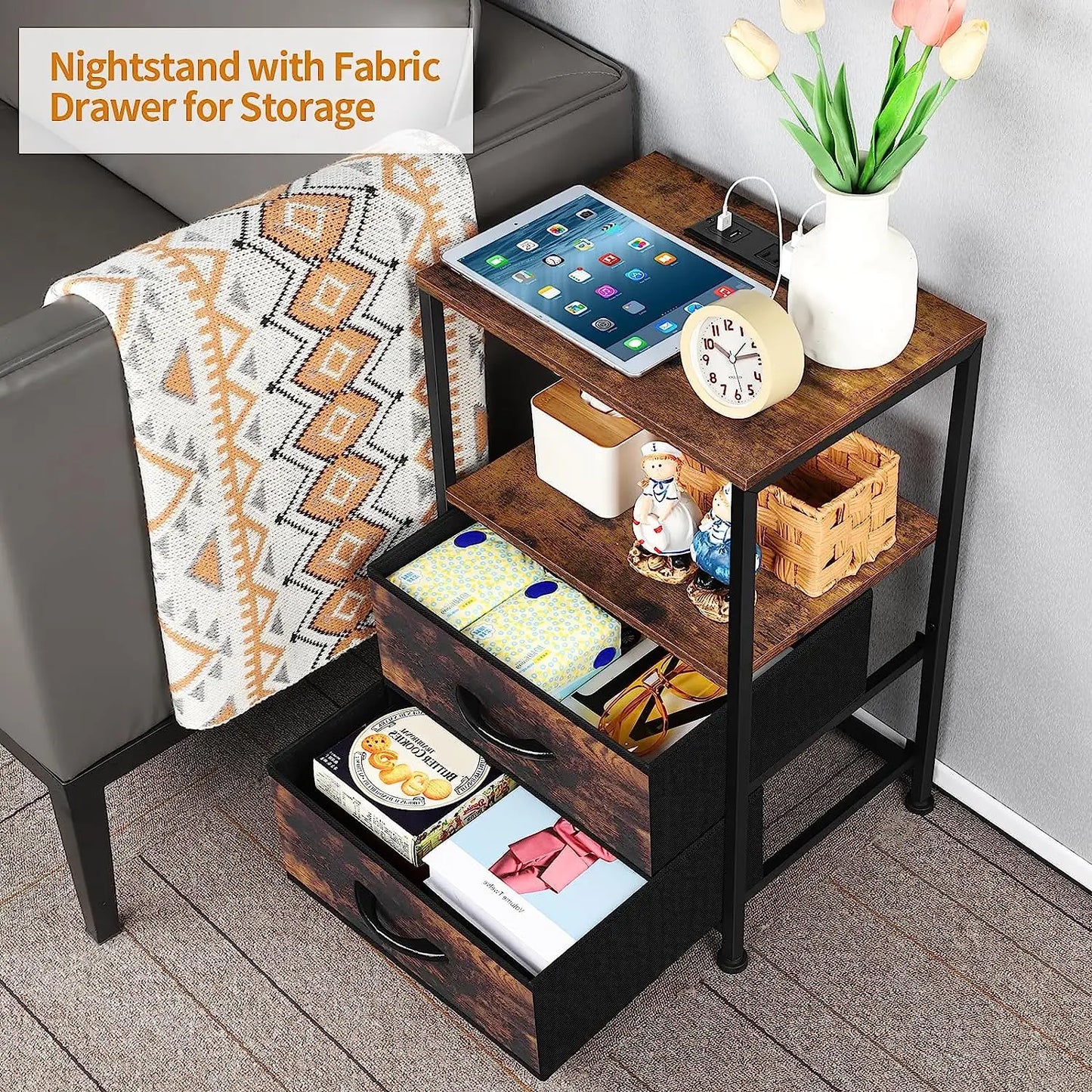 Bedside Table Set of 2 End Table Nightstand with Charging Station & Fabric Drawer Heavy Duty