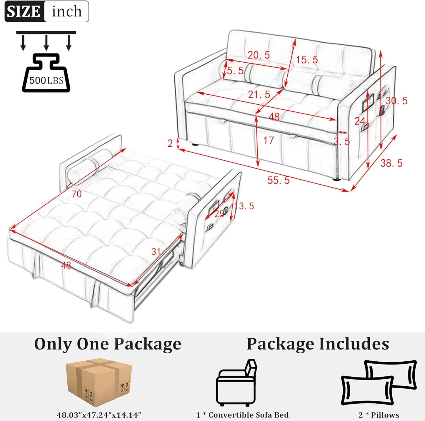 Sofá cama convertible 3 en 1: sofá cama de terciopelo de 55" con respaldo ajustable, asiento de dos plazas con mechones y 2 bolsillos y 2 almohadas