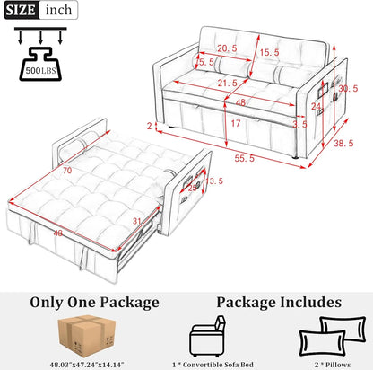 Sofá cama convertible 3 en 1: sofá cama de terciopelo de 55" con respaldo ajustable, asiento de dos plazas con mechones y 2 bolsillos y 2 almohadas