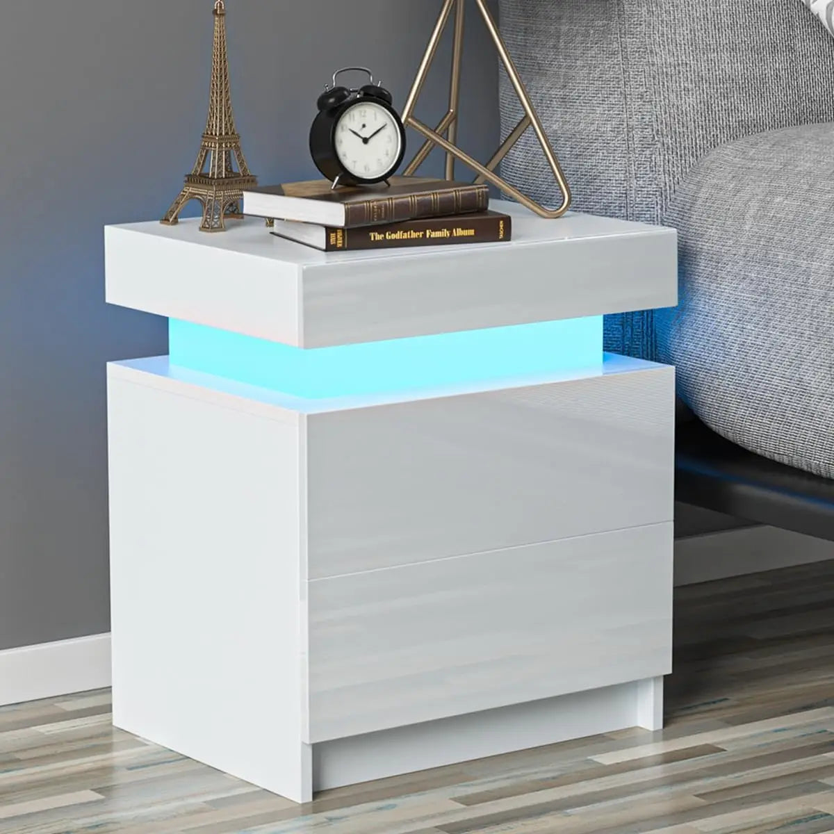 LED Nightstand White Nightstand with Led Lights Modern Night Stand with 2 High Gloss Drawers Led Bedside Table Smart Nigh