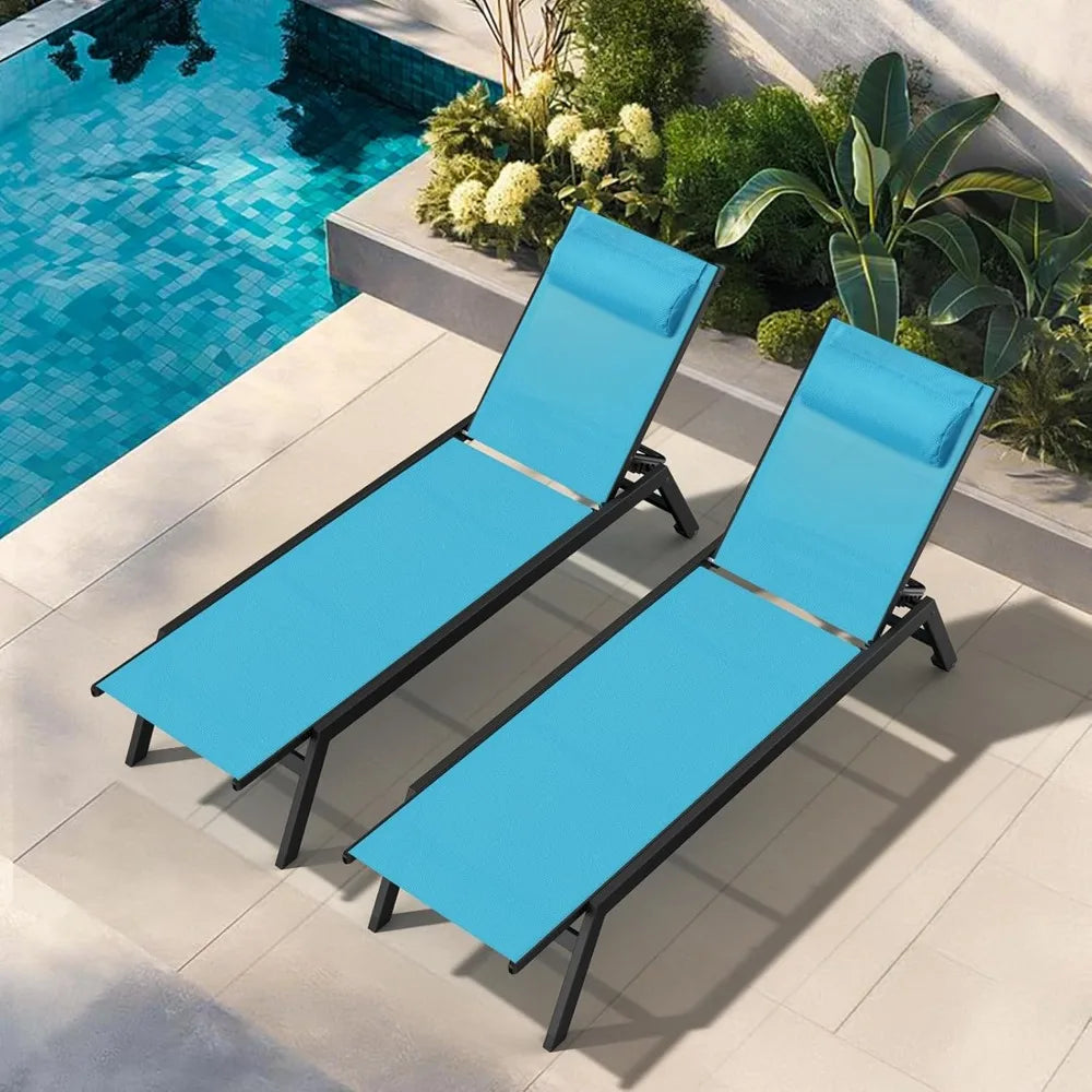 Outdoor Aluminum Lounge Chair 2 Piece Set with 5 Position Adjustable Backrest, Textilene Fabric, Headrest, Turquoise Lounger