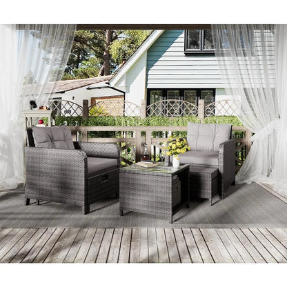 Garden Furniture Set 5 Piece, Wicker Rattan Lounge Chairs with Soft Cushions 2 Ottoman&Glass Table, Patio Conversation Set