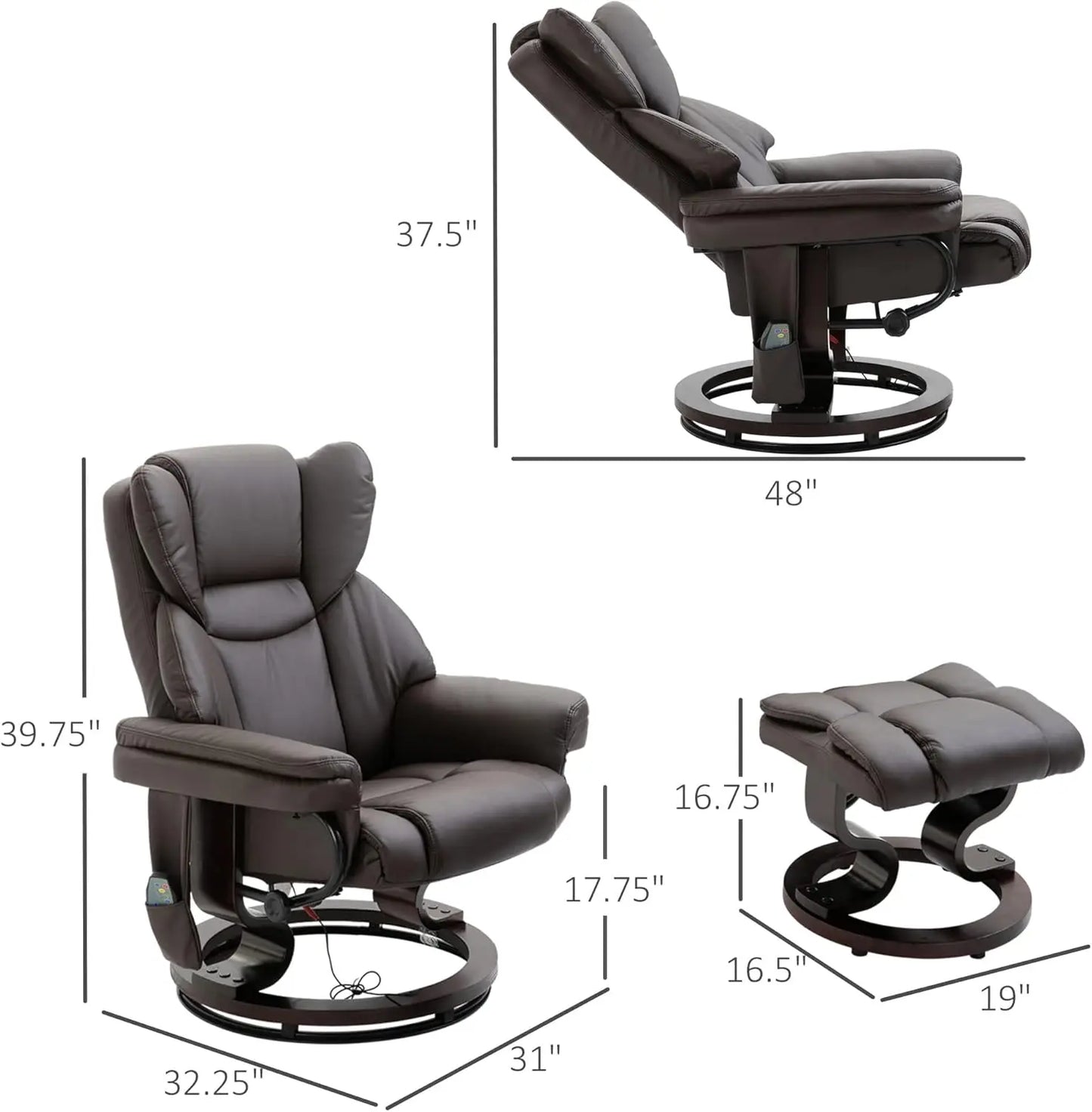 Fauteuil inclinable de massage avec repose-pieds ottoman, 10 points de vibration, fauteuil inclinable pivotant à 360°, chaise de salon en similicuir