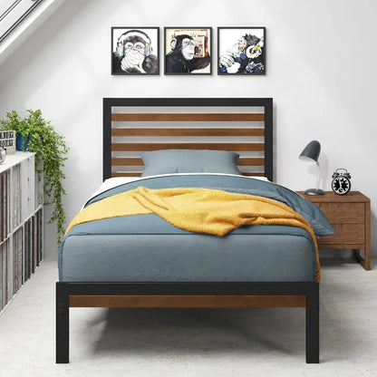 Bamboo metal platform bed frame with headboard, no springs required, easy to assemble, twin beds