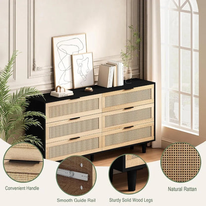 Commode double à 6 tiroirs pour chambre à coucher, armoire de rangement en bois avec poignées dorées, armoire de rangement sur pied, naturelle