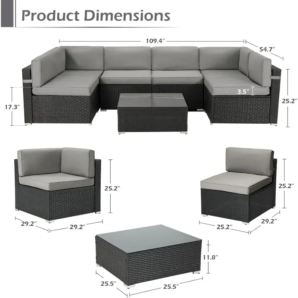 Juegos de muebles de patio, juego de sofá de mimbre de ratán sintético de 7 piezas, juego de sillas seccionales para exteriores, juegos de muebles para exteriores