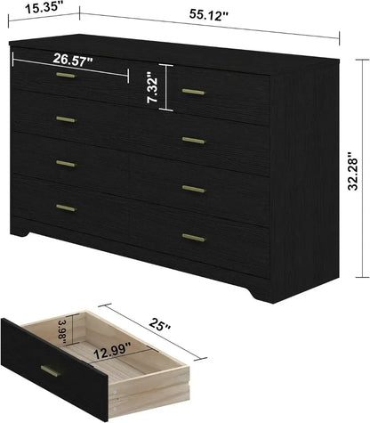 8 Drawer Wood Lateral Dresser, Big Wide Chest of Drawers Storage Organizer with Metal Gold Handles Home Bedroom (Black)