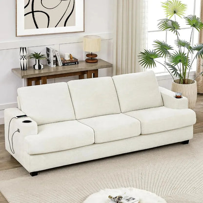 Modern 3 Seater Sofa with USB Charging Ports & 2 Cup Holders, Chenille Upholstered Sofa for Apartment, Living Room, Office