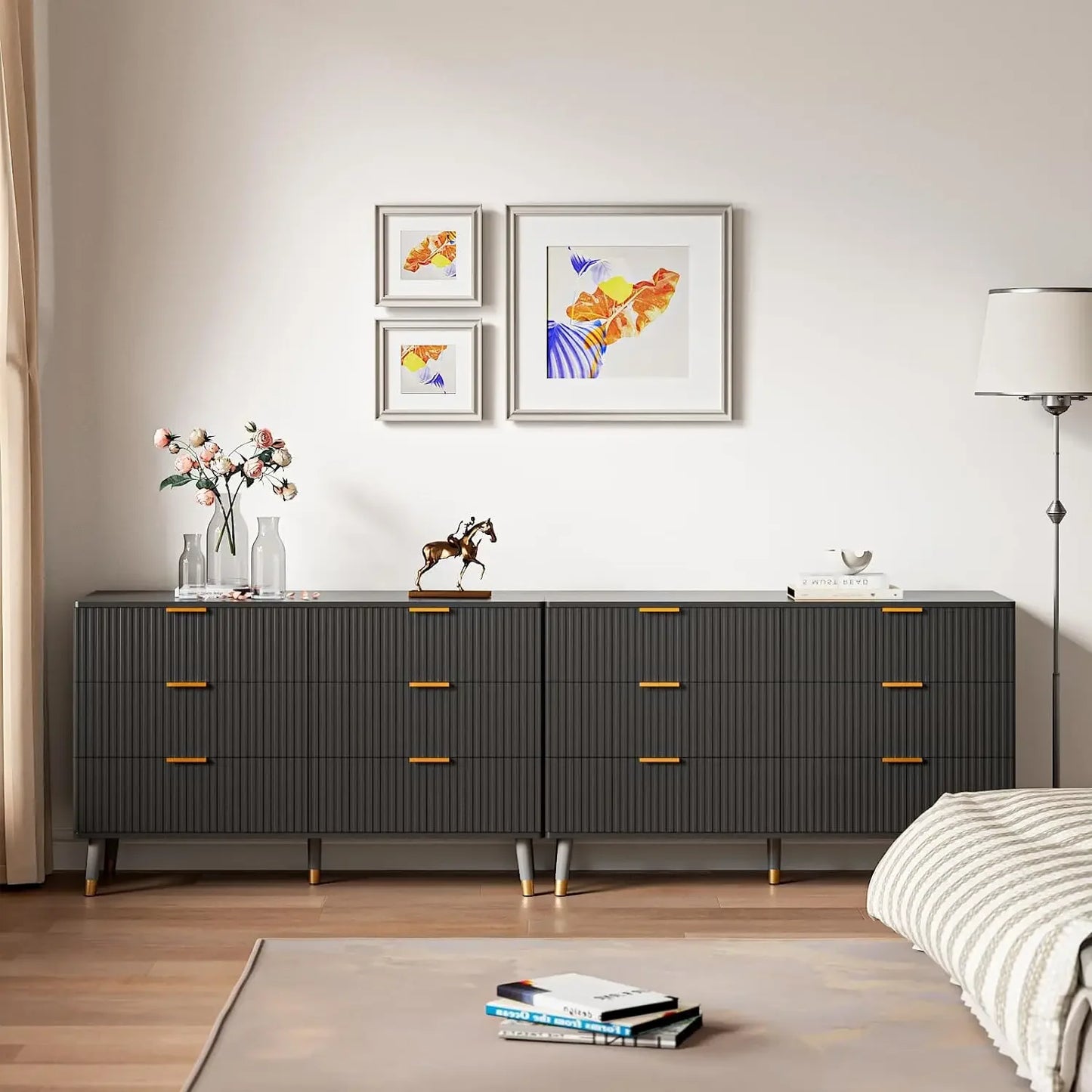 White Dresser for Bedroom, Fluted White and Gold Dresser with Curved Profile Design, Modern Drawer Bedroom Dresser Wood