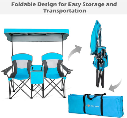 Double Beach Chair with Canopy Shade, Folding Lawn Camping Chairs with Sunshade & Mini Table Beverage Holder&Carrying Bag