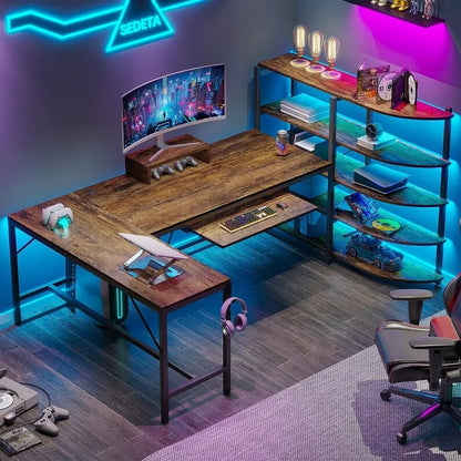 L Shaped Computer Desk, 63'' Desk with Storage Shelves, Keyboard Tray, Monitor Stand and Headphone Hook, Corner Gaming Desk