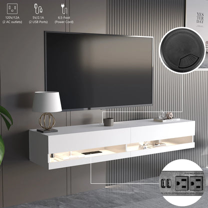 Support TV flottant 71" pour téléviseur 75/80", support TV LED mural avec prises de courant, console multimédia moderne haute brillance, blanc/noir