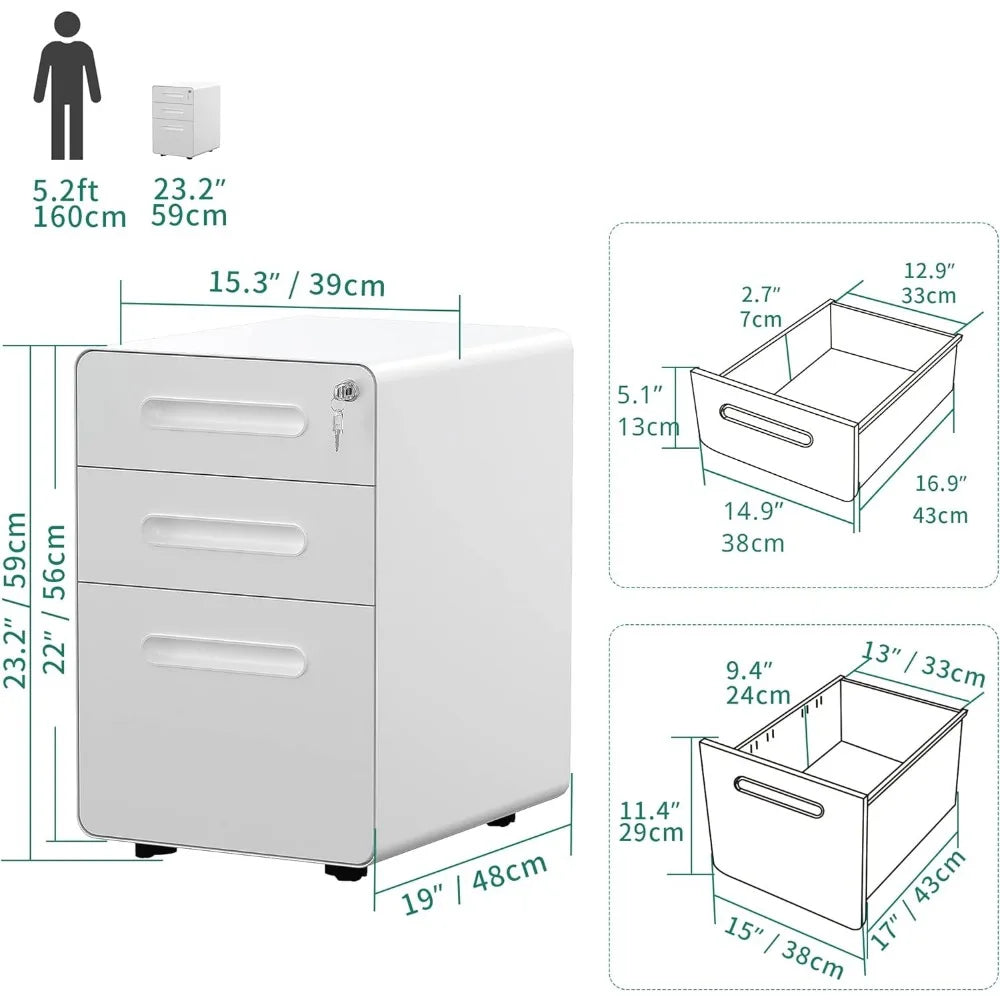 3Drawer Rolling File Cabinet,Metal Mobile File Cabinet with Lock,Filing Cabinet Under Desk fits Legal Size for Home/Office,White