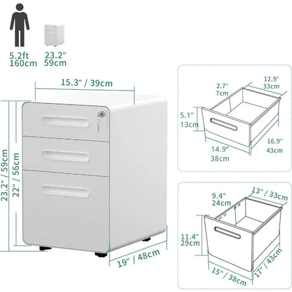 Classeur à roulettes à 3 tiroirs, classeur mobile en métal avec serrure, classeur sous le bureau pour format légal pour la maison/le bureau, blanc