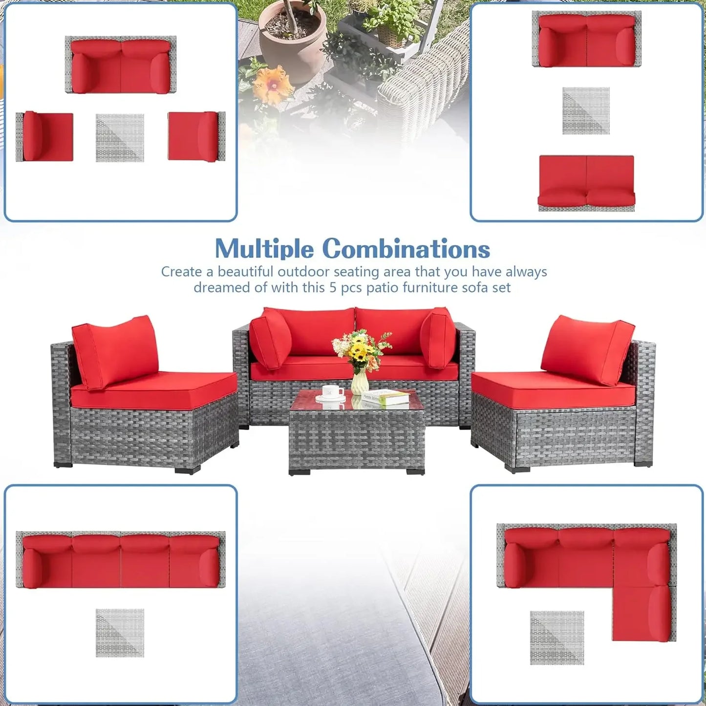 Shintenchi 5 Pieces Outdoor Patio Sectional Sofa Couch, Silver Gray PE Wicker Furniture Conversation Sets with Washable Cushions