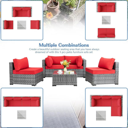 Shintenchi 5 Pieces Outdoor Patio Sectional Sofa Couch, Silver Gray PE Wicker Furniture Conversation Sets with Washable Cushions