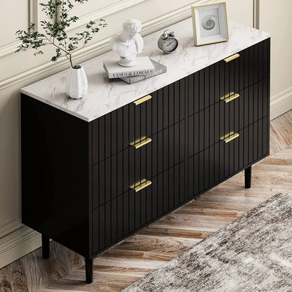 Black Matching Dresser and Nightstand Sets 3 Piece,Modern Grooved Stripes,Marble Texture Top,Gold Handles