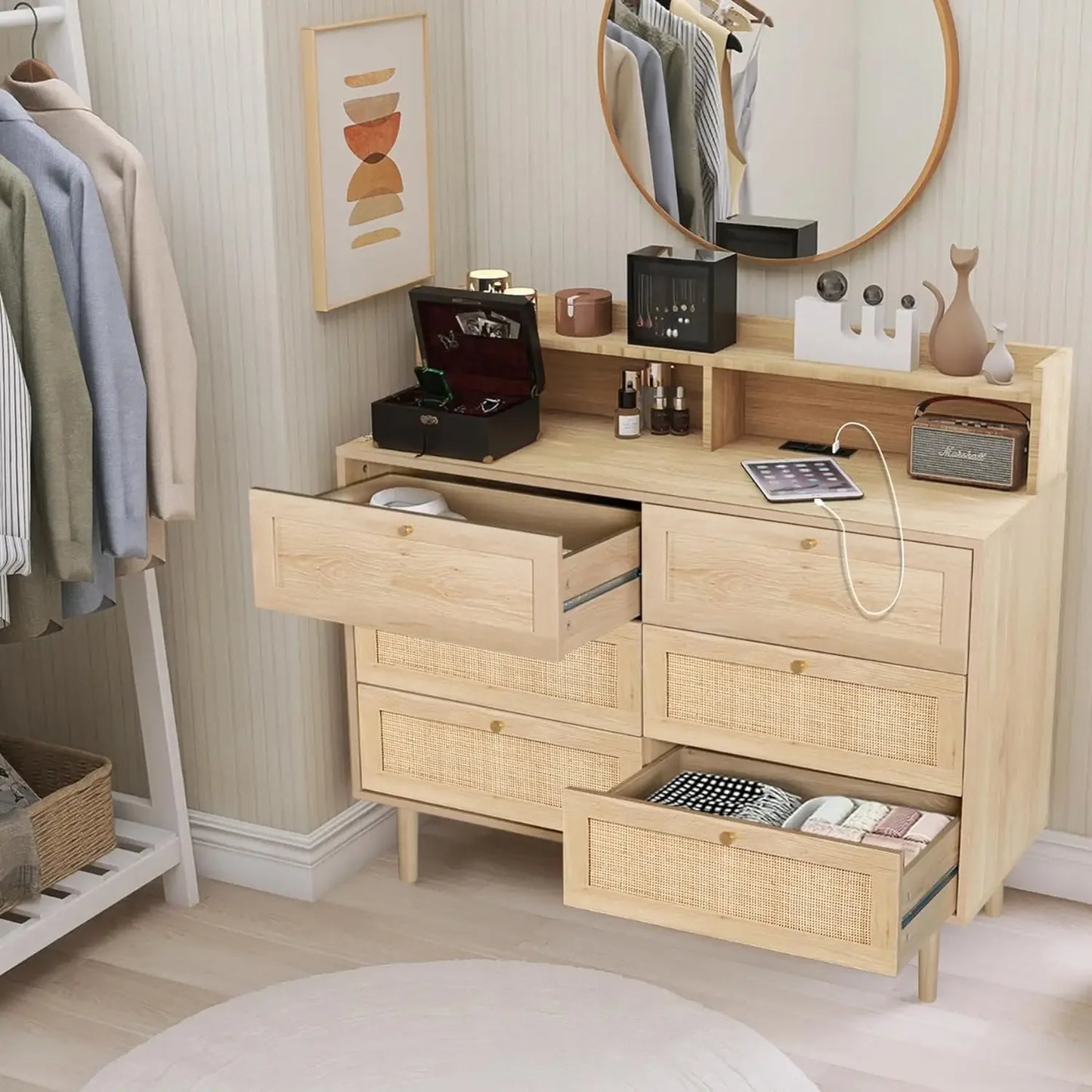 Commode en rotin pour chambre à coucher avec étagères, commode double à tiroirs moderne avec station de charge, commode en bois pour chambre à coucher