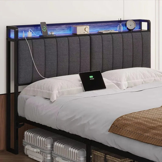 Tête de lit king size rembourrée avec lumières LED et station de charge, port USB et Type C, revêtement en lin