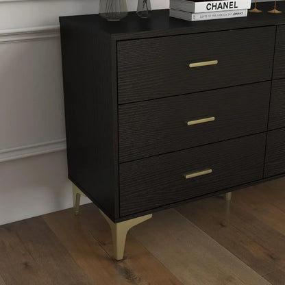 Commode moderne en bois à 6 tiroirs, commode latérale en bois, organisateur de rangement avec tiroirs larges et poignées en métal doré pour chambre à coucher