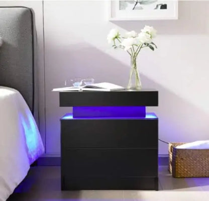 Bedside Table with 2 Drawers, LED Nightstand Wooden Cabinet Unit with Lights for Bedroom, Living Room, Black