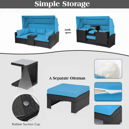 Juego de muebles de patio de 7 piezas, sofá cama con dosel retráctil, juego de sofá seccional de ratán, sillas de mimbre para patio