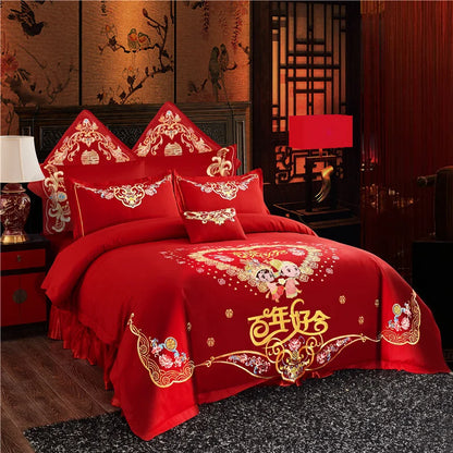 Juego de cuatro piezas, ropa de cama grande bordada en rojo para recién casados, conjunto festivo para bodas, edredón con dragón y fénix, ropa de cama bordada, sábanas, funda de edredón