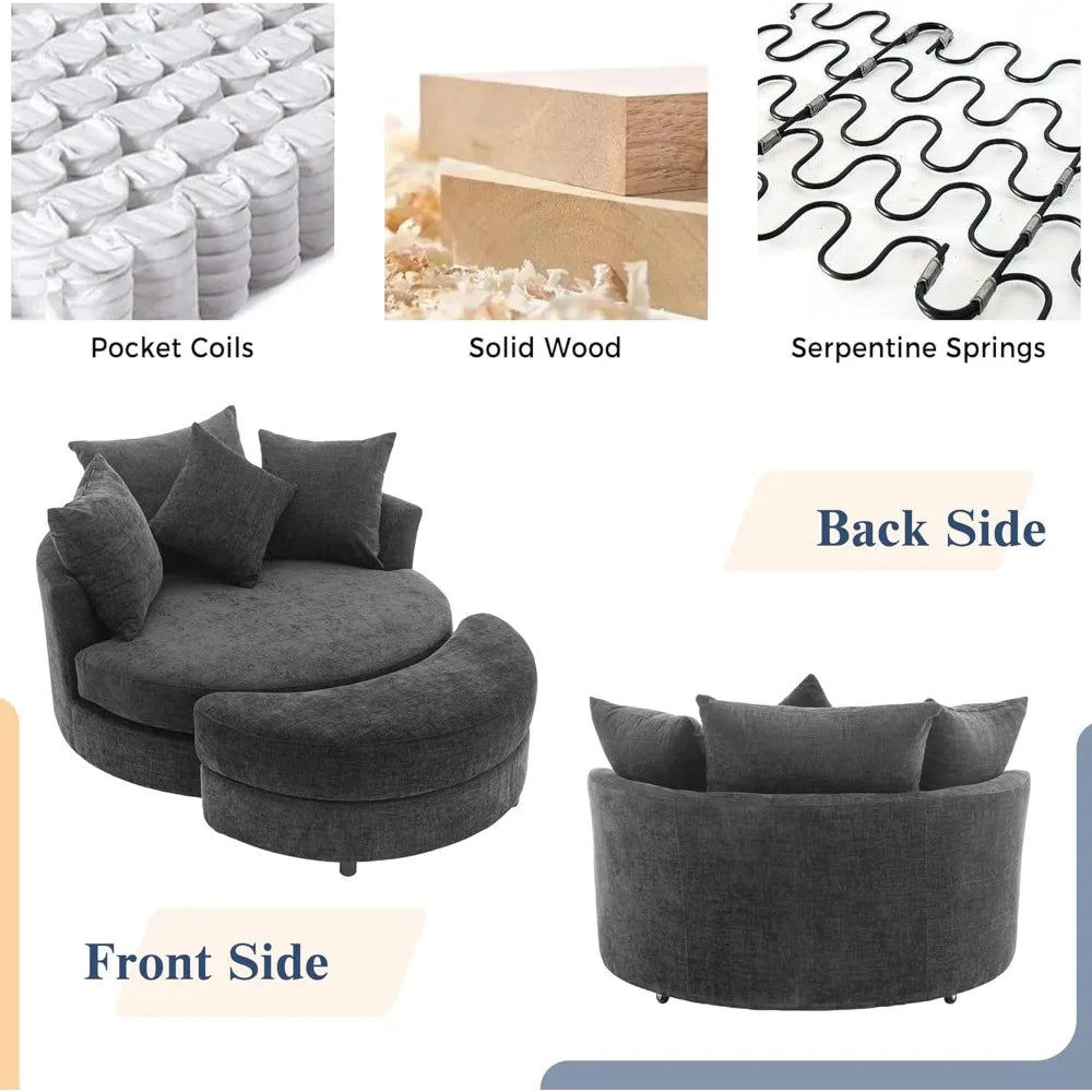 Swivel Round Barrel Chair with Storage Ottoman and 4 Movable Pillow Backrest,360° Round Rotating Sofa Chair,Barrel Chair