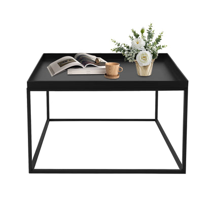 Square Metal Tray Side Table, Black Matte Small Coffee End Table with Frame for Living Room, Balcony, Bedroom