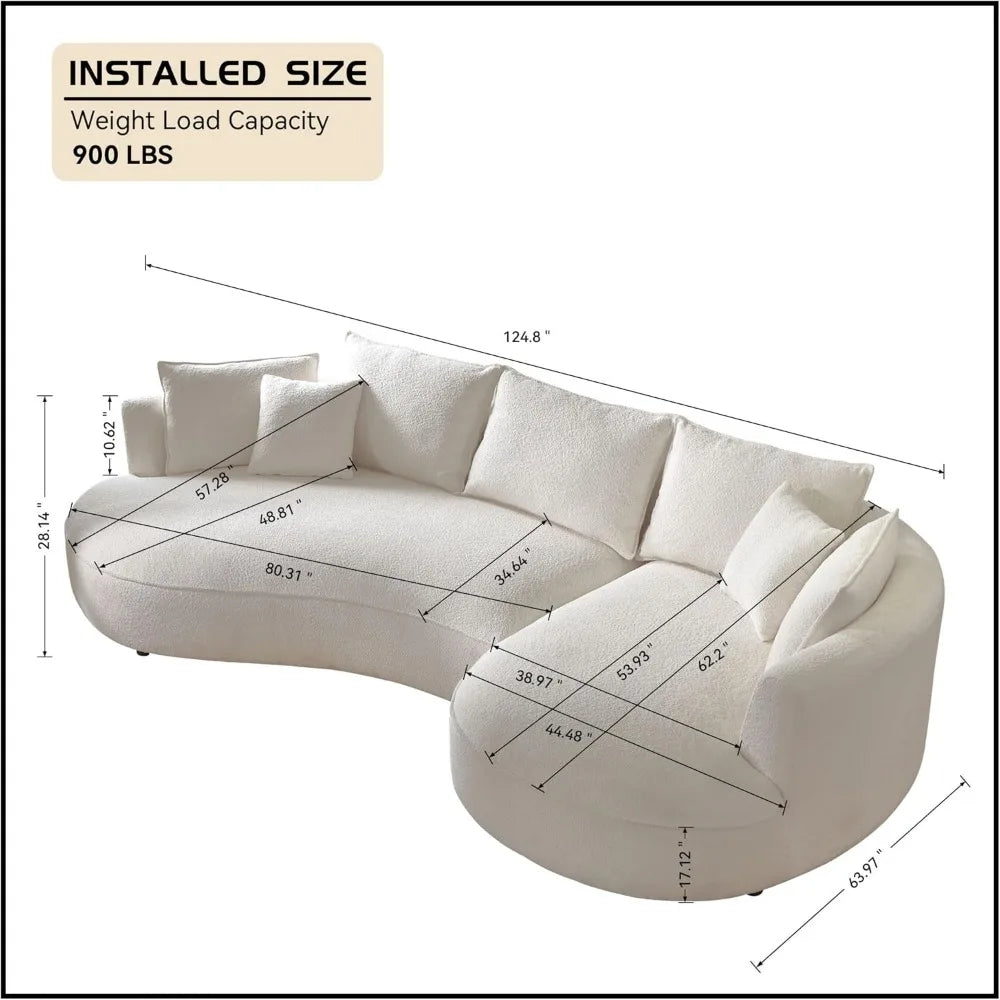 124.8" Modern Curved Sofa Couch, Upholstery Boucle Sofa  with Pillows, Right Hand Facing Sectional Boucle Fabric Couch