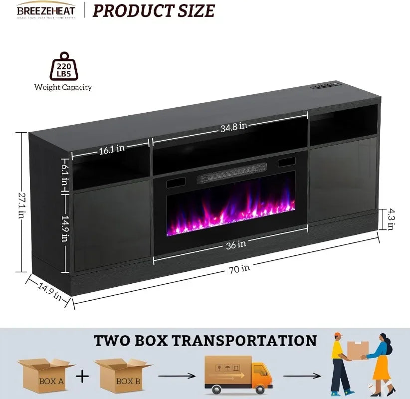 Meuble TV avec foyer électrique et centre de divertissement - Meuble TV de 70 pouces avec foyer électrique de 36 pouces - Meuble de salon avec rangement