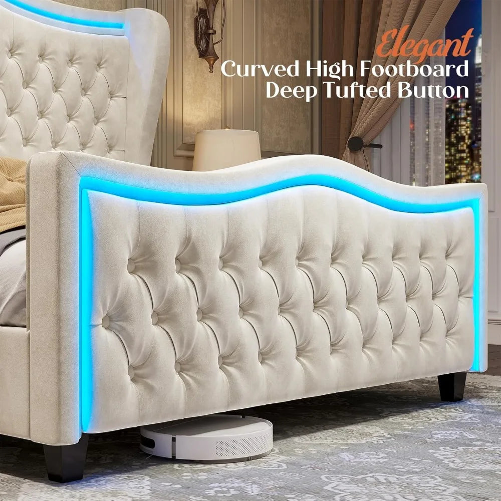 Bed Frame with LED Lights, Bed with Deep Button Tufted Headboard, Queen Size Bed Frame