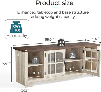 Meuble TV de style ferme LINSY HOME pour téléviseur de 65 pouces, centre de divertissement en bois avec armoire de rangement à porte vitrée et étagères réglables